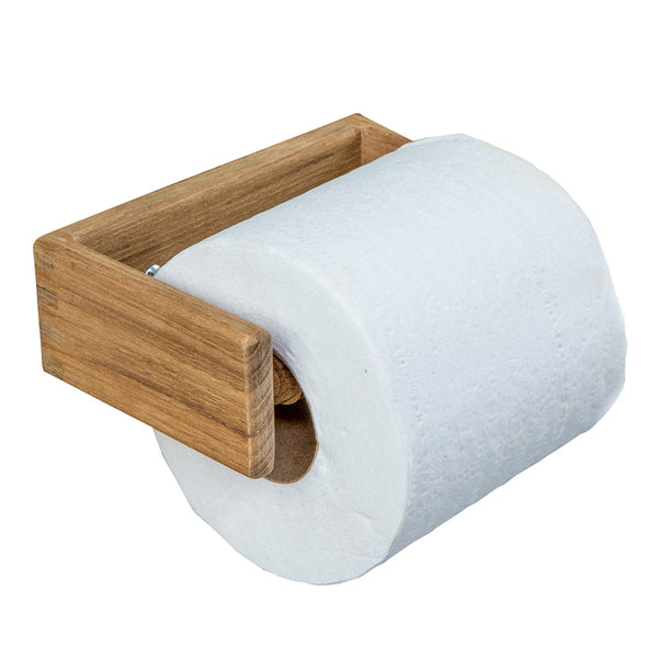 A Whitecap Teak Toilet Tissue Rack with a wooden handle and a wooden screw.