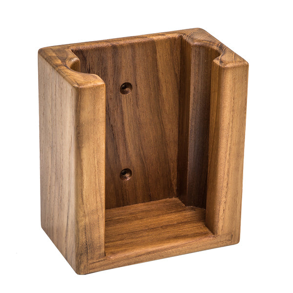 A wooden Whitecap Teak Liquid Soap Holder with two oval bottle holes, perfect for holding 10-1/2oz. bottles of soap.