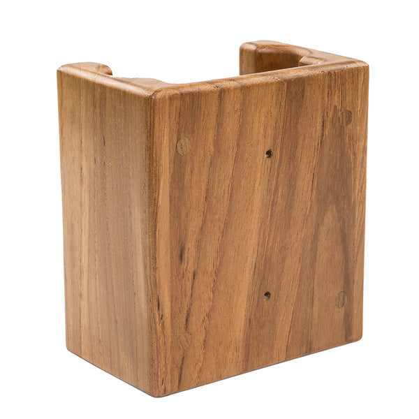 A wooden Whitecap Teak Liquid Soap Holder with two oval bottle holes, perfect for holding 10-1/2oz. bottles of soap.