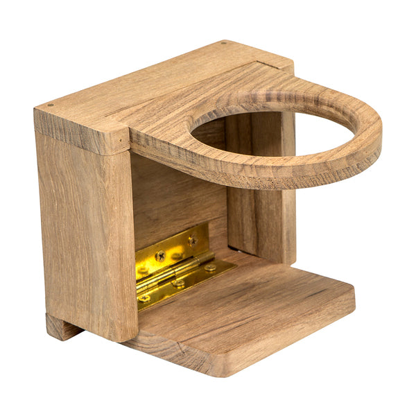 A Whitecap Teak Folding Drink Holder with a gold ring on it.