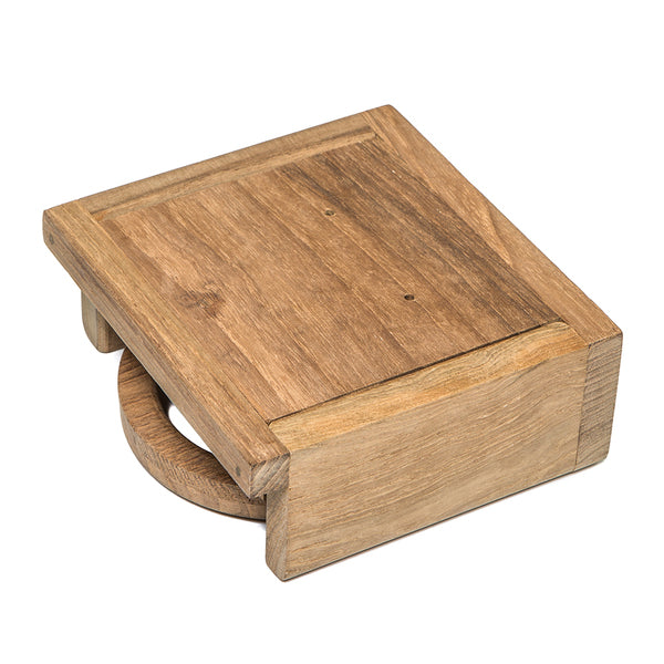 A Whitecap Teak Folding Drink Holder with a gold ring on it.