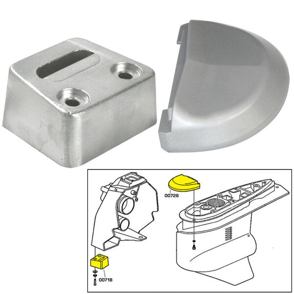 A picture of a Tecnoseal Anode Kit w/Hardware - Volvo SX - Zinc, consisting of a metal plate and a plastic cover.