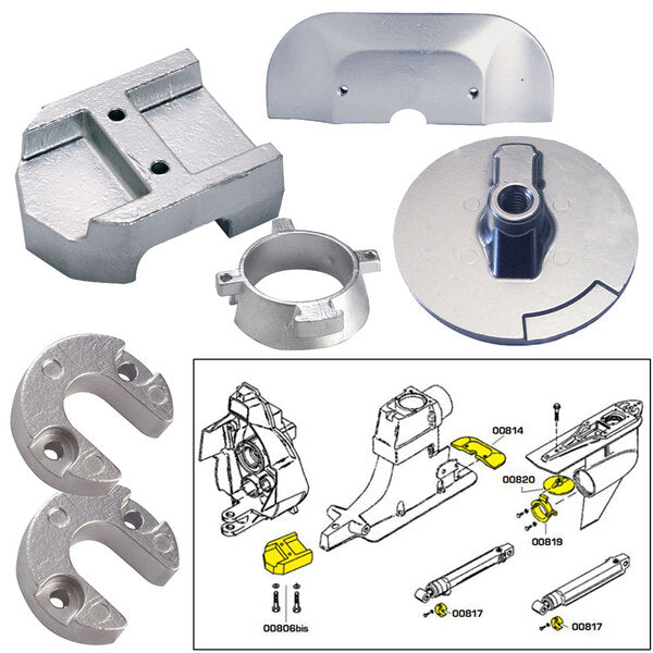 A Tecnoseal Anode Kit w/Hardware - Mercury Alpha 1 Gen 2 - Aluminum for a motorcycle.