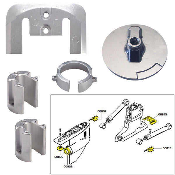 A set of Tecnoseal Anode Kit w/Hardware - Mercury Bravo 1 - Aluminum including a bracket and a bracket.