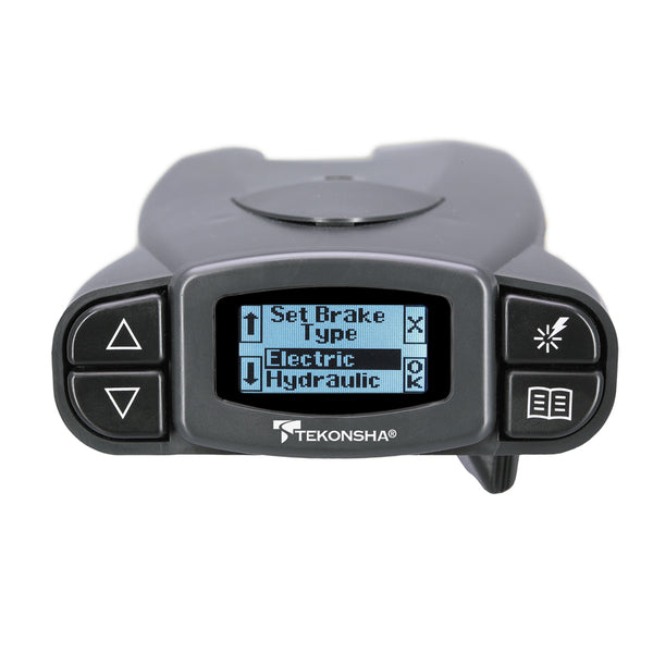A black Tekonsha P3 Electronic Brake Control f/1-4 Axle Trailers - Proportional with a LCD screen.