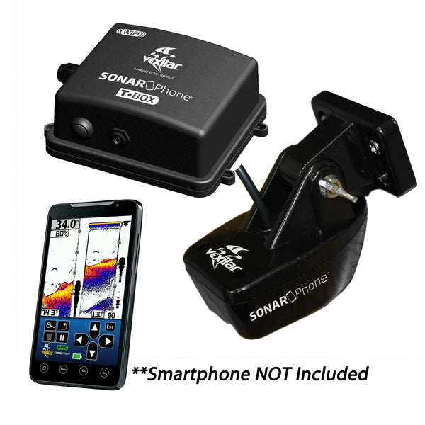 A smart phone with the Vexilar SP200 SonarPhone T-Box Permanent Installation Pack attached to it.