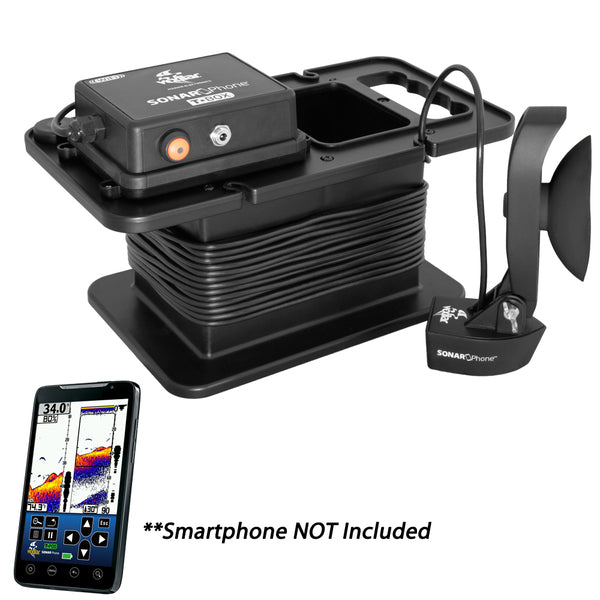 A Vexilar SP300 SonarPhone T-Box Portable Installation Pack with a smart phone attached to it.