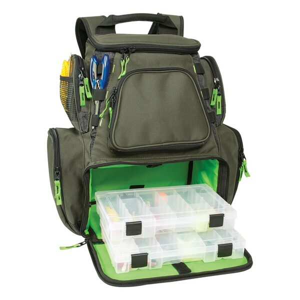 A Wild River Multi-Tackle Large Backpack w/2 Trays with multiple storage compartments and adjustable shoulder straps.