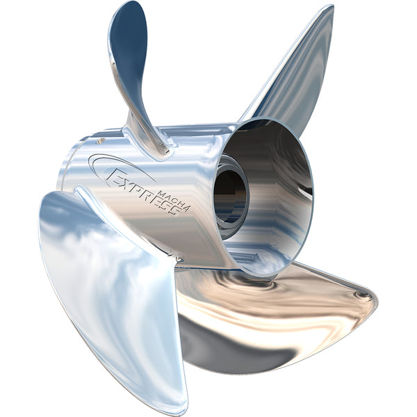 A Turning Point Express Mach4 - Right Hand - Stainless Steel Propeller - EX1/EX2-1317-4 - 4-Blade - 13.25" x 17 Pitch on a white background.