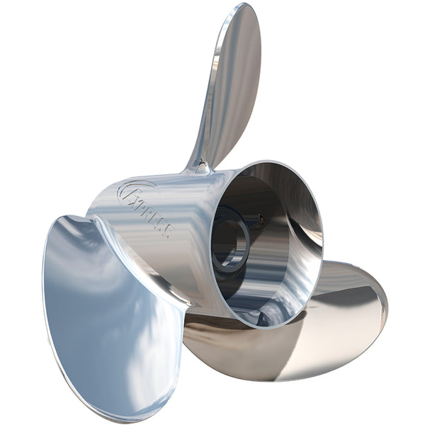 A Turning Point Express Mach3 - Right Hand - Stainless Steel Propeller - EX-1421 - 3-Blade - 14.25" x 21 Pitch on a white background.