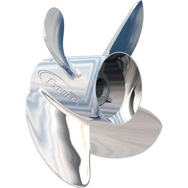 A Turning Point Express Mach4 - Right Hand - Stainless Steel Propeller - EX-1419-4 - 4-Blade - 14" x 19 Pitch on a white background.