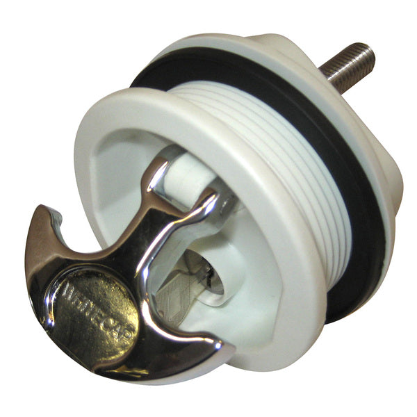 A Whitecap T-Handle Latch - Chrome Plated Zamac/White Nylon - Locking - Freshwater Use Only connector with a metal ring on it.