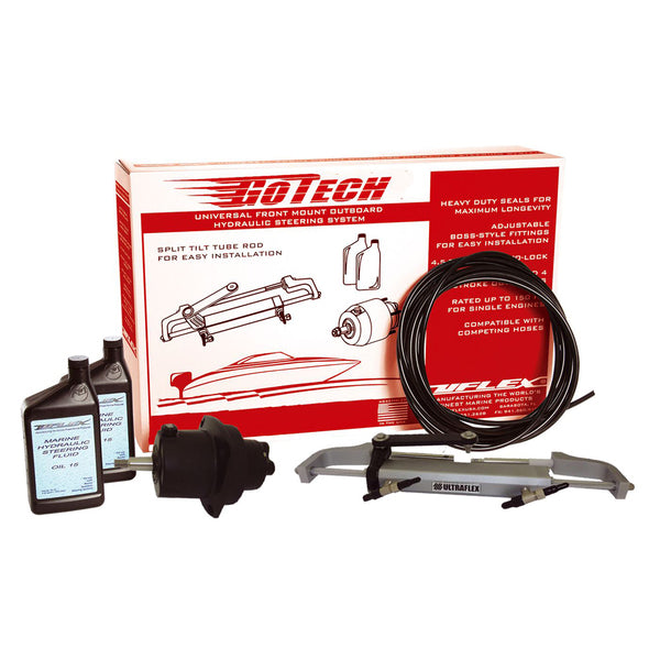 A car kit with a UFlex GoTech 1.0 Universal Front Mount Outboard Hydraulic Steering System.