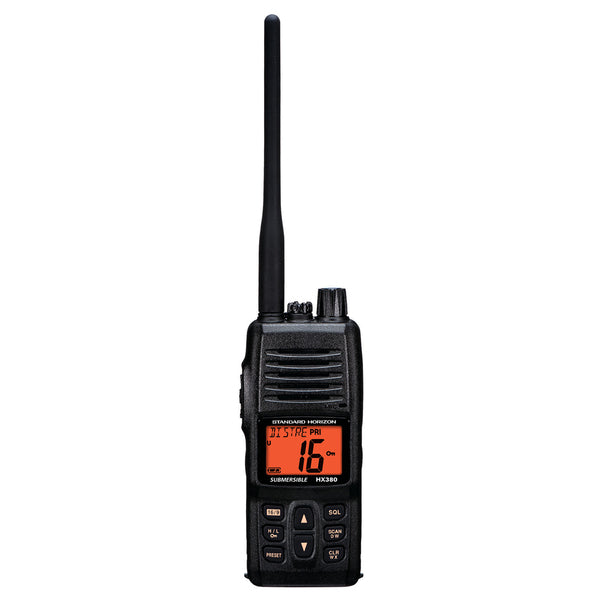 A Standard Horizon HX380 5W Commercial Grade Submersible IPX-7 Handheld VHF Radio w/LMR Channels on a white background.