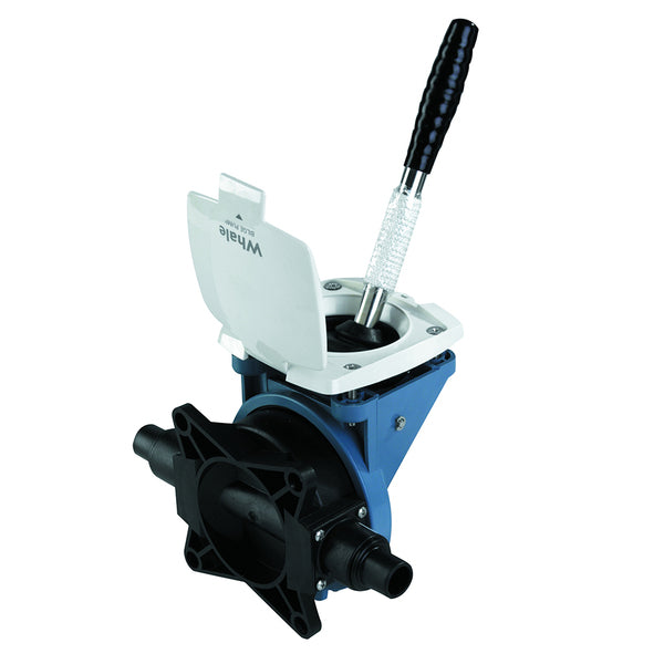 A blue and white Whale Gusher Urchin Manual Bilge Pump Thru Deck/Bulkhead with a handle.