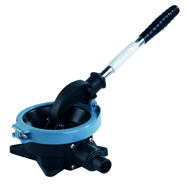 A blue and black Whale Gusher Urchin Manual Bilge Pump On Deck Mount with a handle on it.
