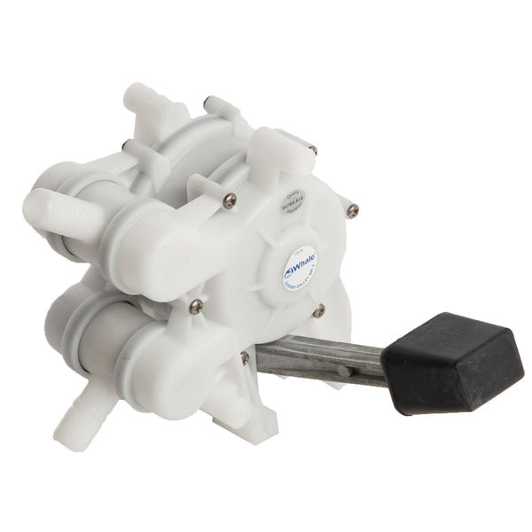 A white Whale Gusher Foot Operated Galley Pump Left Handed Lever on a white background.