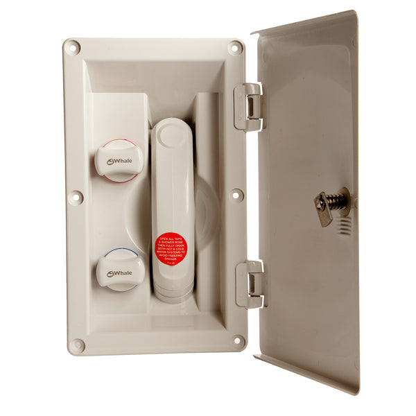 A Whale Swim 'N' Rinse Transom Shower Hot & Cold Mixer w/Cover with two buttons on it.