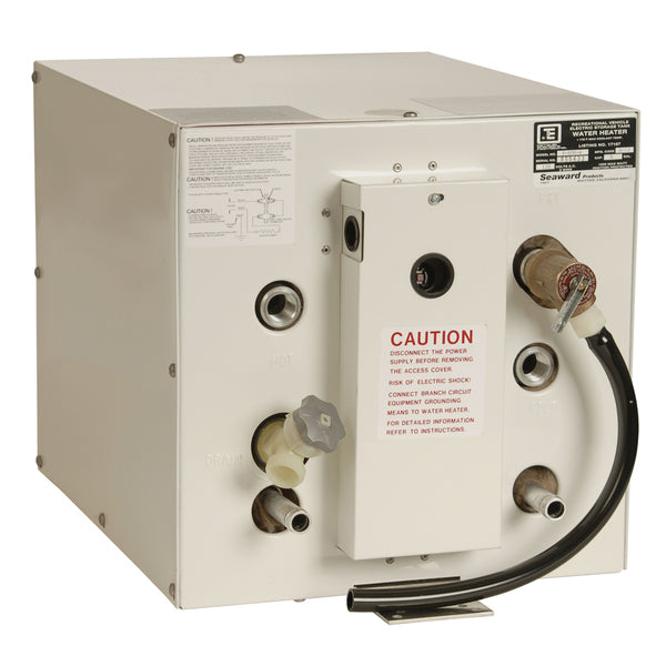 A Whale Seaward 6 Gallon Hot Water Heater w/Front Heat Exchanger - White Epoxy - 120V - 1500W with a hose attached to it.