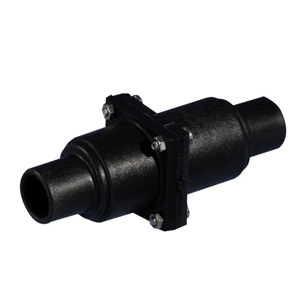 A black plastic Whale In-Line Check Valve 1"-1 1/2" Stepped Connection on a white background.