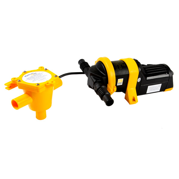 A yellow and black high capacity Whale Grey IC Waste Pump 24V connected to a white background.