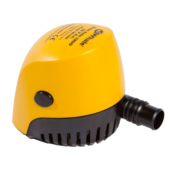 A yellow Whale Orca Auto 1300 12V Automatic Bilge Pump on a white background.