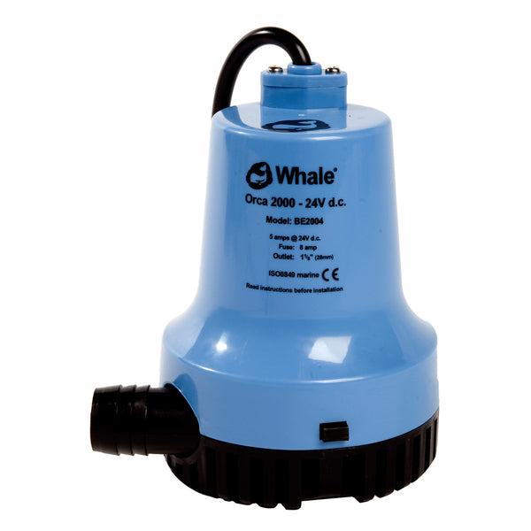 A Whale Orca 2000 GPH Submersible Bilge Pump 12V with a compact design on a white background.
