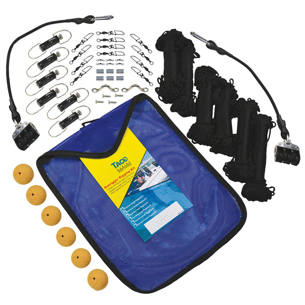 A blue bag with a TACO Premium Braid Triple Rigging Kit, rope, and other items.