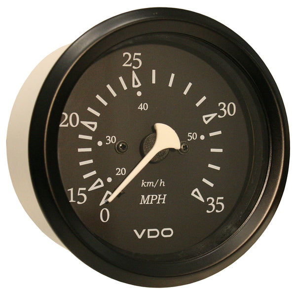 A black and white VDO Cockpit Marine 85mm (3-3/8") 35 MPH Pitot Speedometer - Black Dial/Bezel gauge with 12V illumination on a white background.