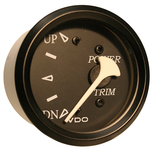 A black and white VDO Cockpit Marine Trim Gauge - f/ Mercury/Volvo/Yamaha 2001+ Engines - Black Dial/Bezel, set against a white background.