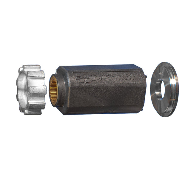A stainless steel nut and a metal nut used in a Turning Point Hub Kit #511 for an engine.