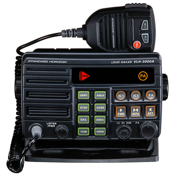A Standard Horizon VLH-3000A 30W Dual Zone PA/Loud Hailer/Fog w/Listen Back & 2 Optional Intercom Stations radio with a microphone attached to it.