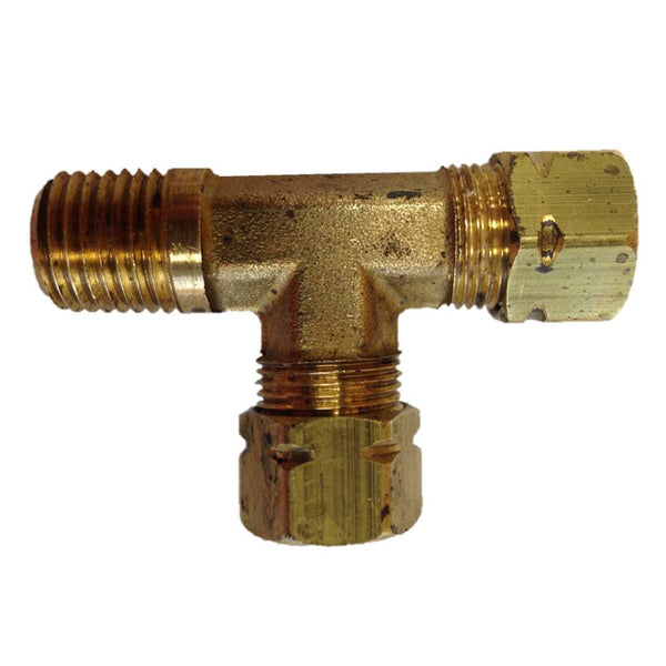 A Uflex Male Run T-Fitting - 3/8" x 3/8" Tube x 1/4" NPT on a white background.