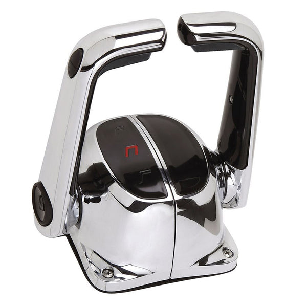 A chrome handle on a white background, featuring the Uflex Twin Lever Top Mount Control with Neutral Lock & Trim Switch - Chrome.