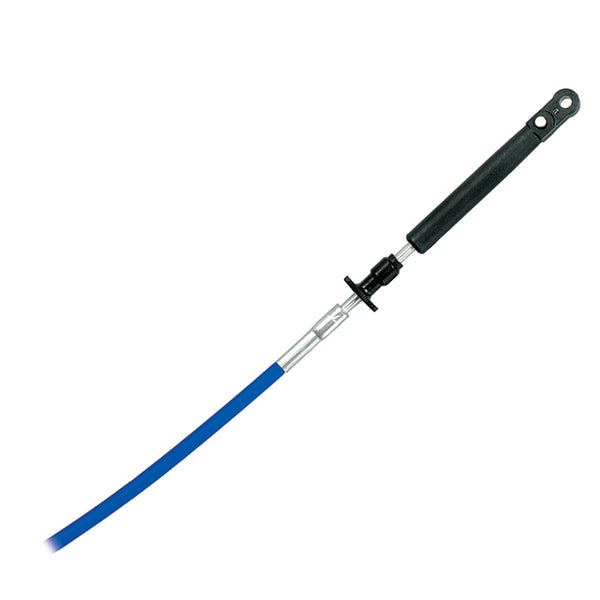 A Uflex MACH Series  High Efficiency & Flexibility Engine Control Cable - Johnson/Evinrude/OMC - 8' with a black handle on a white background, offering high efficiency and flexibility.