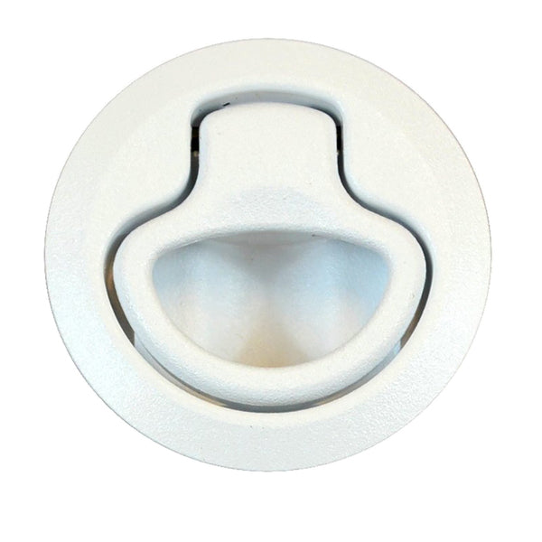 A Southco Flush Pull Latch - Push To Close - Medium - White with a hole in it.