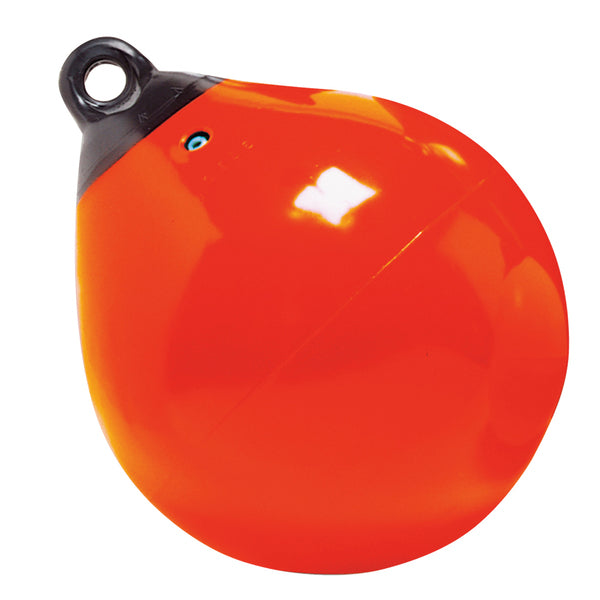 A Taylor Made 9" Tuff End Inflatable Vinyl Buoy - Orange with a black handle.