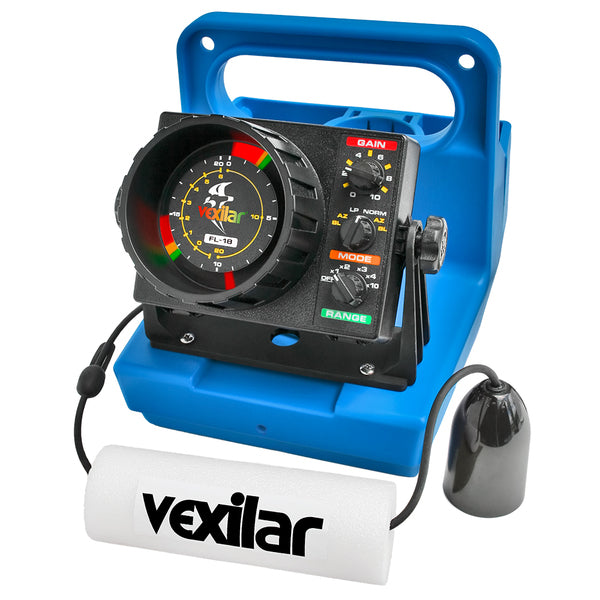 A blue box with a Vexilar FL-18 Genz Pack w/12 Ice Ducer sticker on it.