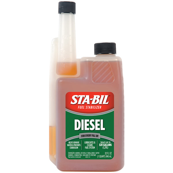 A bottle of STA-BIL Diesel Formula Fuel Stabilizer & Performance Improver - 32oz on a white background.