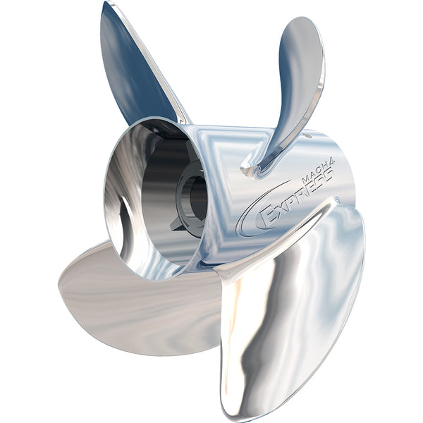 An Turning Point Express Mach4 - Left Hand - Stainless Steel Propeller - EX-1513-4L - 4-Blade - 15.3" x 13 Pitch propeller on a white background.
