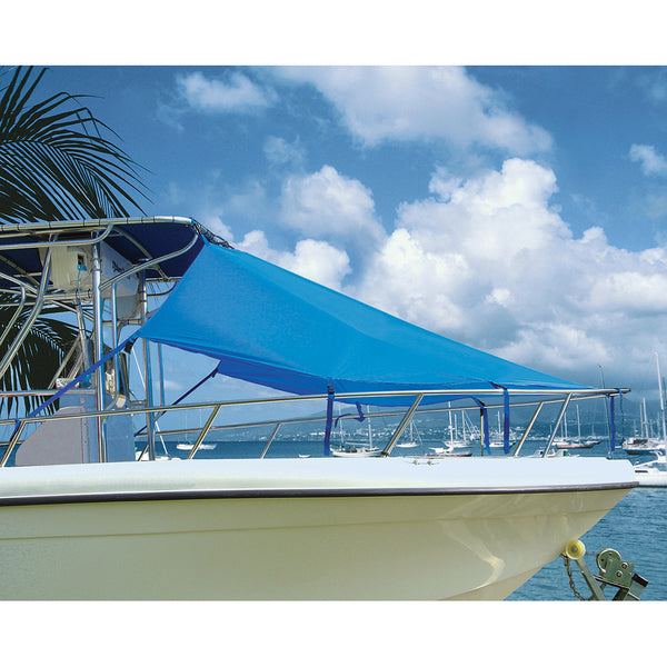 A boat docked in a marina with a Taylor Made T-Top Bow Shade 7'L x 102"W - Pacific Blue.