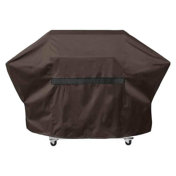 A brown True Guard 72" 5 or More Burner 600 Denier Rip Stop grill cover on wheels.