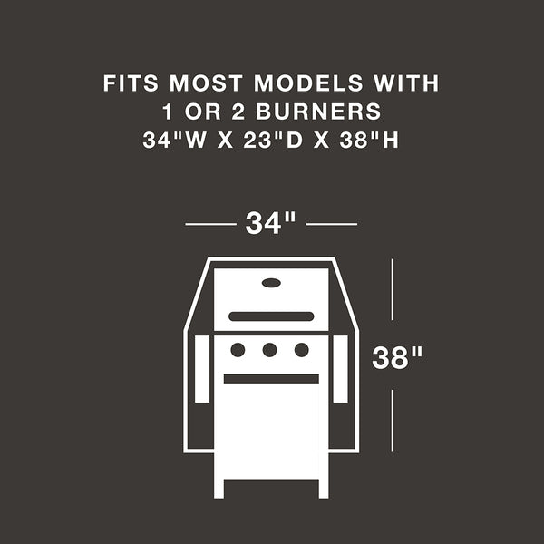 A True Guard 34&rdquo; 2 Burner 600 Denier Rip Stop grill cover on wheels.