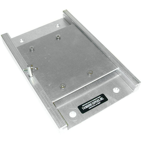 A T-H Marine Hot Foot Adjustable Slide Mount plate with two screws on it.