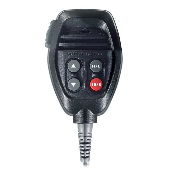 A Standard Horizon Microphone f/GX14xx &amp; GX18xx Series - Black with a red button on it.