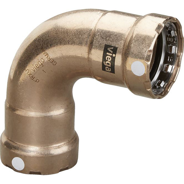 A Viega MegaPress 1" 90 Copper Nickel Elbow - Double Press Connection - Smart Connect Technology with a white threaded end.