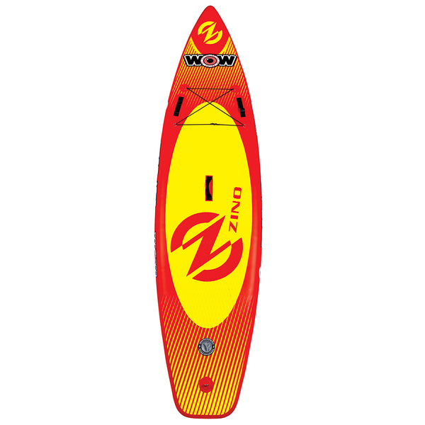 A durable WOW Watersports Zino 11" Inflatable Paddleboard Package with a logo on it.