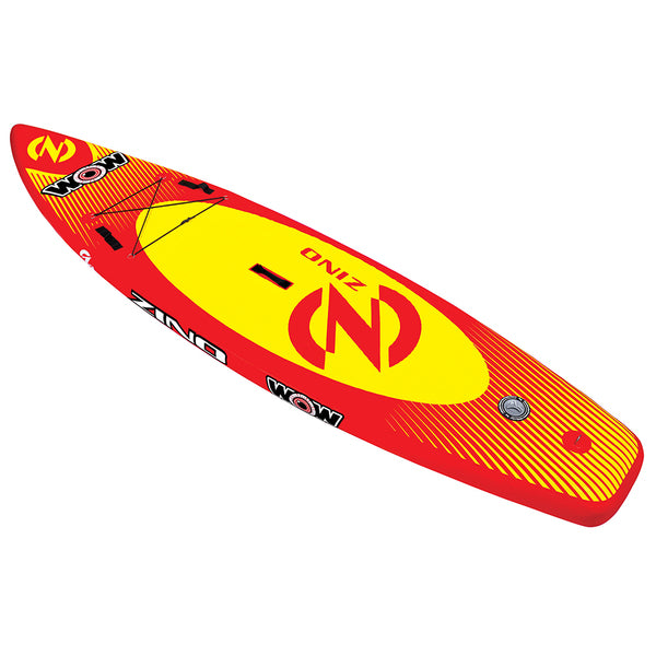 A durable WOW Watersports Zino 11" Inflatable Paddleboard Package with a logo on it.
