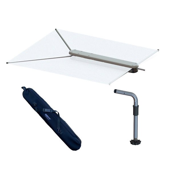 A TACO ShadeFin w/White Fabric, Bag & Fixed Rod Holder Mount Kit umbrella with a handle and a bag for sun protection.