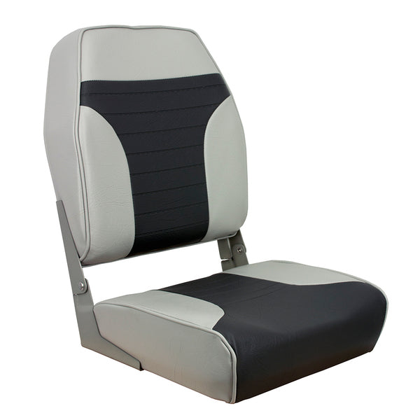 A durable and heavy-duty Springfield High Back Multi-Color Folding Seat - Grey/Charcoal with black trim.